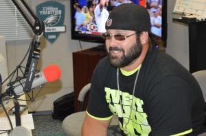 Jeff "Twinkie" Sheeler of Ocean View talks about the Men's Flag Football League of South Jersey during an interview with Tyler Donohue at the 97.3 ESPN FM studios on Saturday morning. (Glory Days photos/Dave O'Sullivan)
